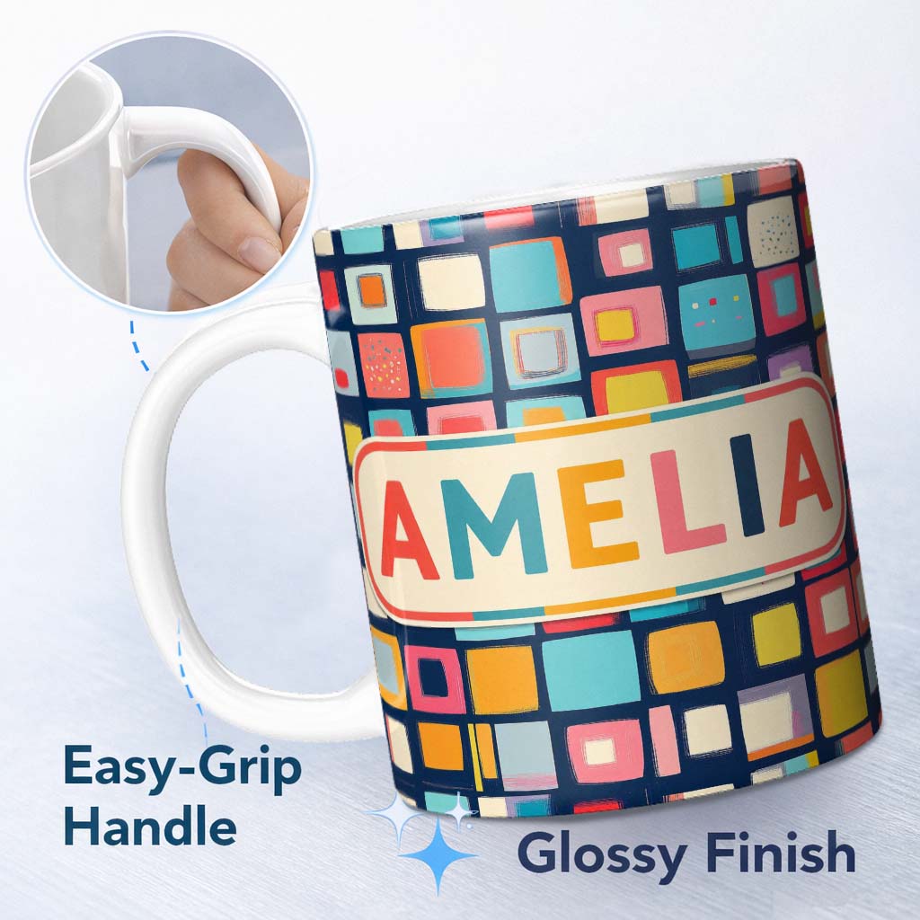 Personalized Custom Name Colorful Abstract Square Mosaic Pattern Seamless Name Cute Unique 11oz Ceramic Coffee Tea Mug White Large Handle