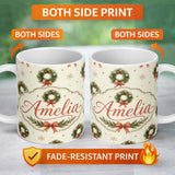 Personalized Custom Name Watercolor Christmas Wreath Bow Pinecone Snowflake Seamless Pattern 11oz Ceramic Coffee Tea Mug White Large Handle