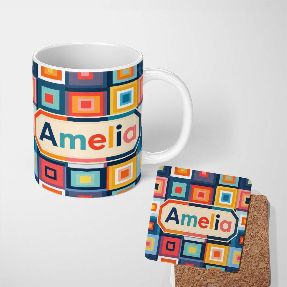 Personalized Custom Name Layered Square Geometric Pattern Seamless Name Cute Unique Gift 11oz Ceramic Coffee Tea Mug White Large Handle