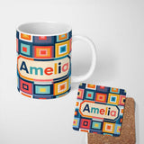 Personalized Custom Name Layered Square Geometric Pattern Seamless Name Cute Unique Gift 11oz Ceramic Coffee Tea Mug White Large Handle