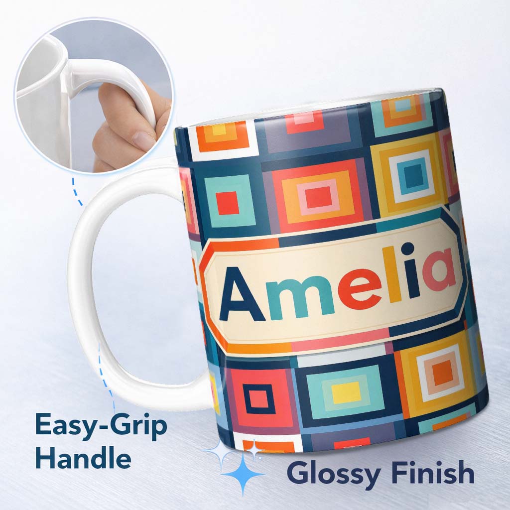 Personalized Custom Name Layered Square Geometric Pattern Seamless Name Cute Unique Gift 11oz Ceramic Coffee Tea Mug White Large Handle