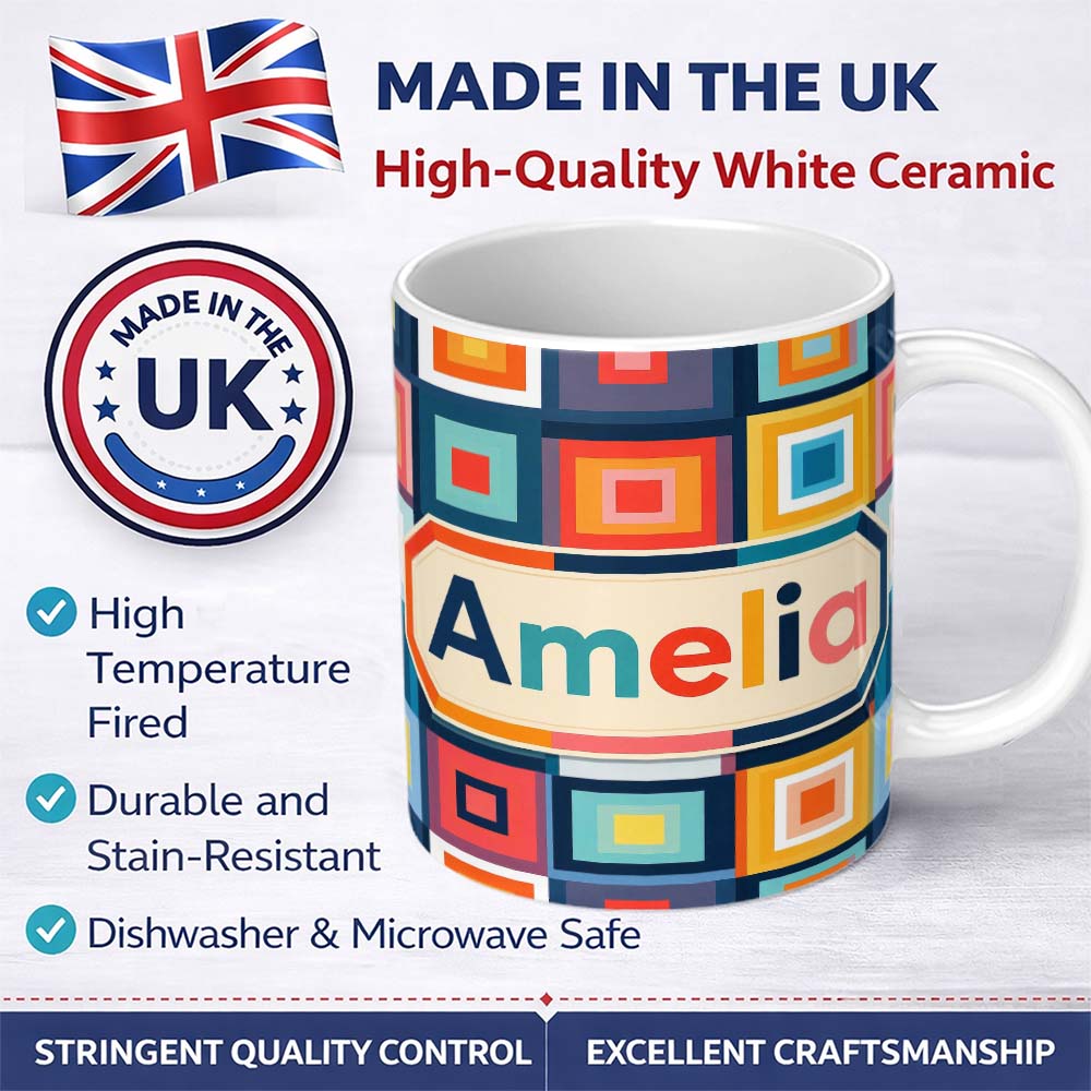 Personalized Custom Name Layered Square Geometric Pattern Seamless Name Cute Unique Gift 11oz Ceramic Coffee Tea Mug White Large Handle