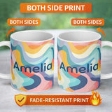 Personalized Custom Name Soft Abstract Fluid Shapes Pastel Pattern Seamless Name Cute Unique 11oz Ceramic Coffee Tea Mug White Large Handle