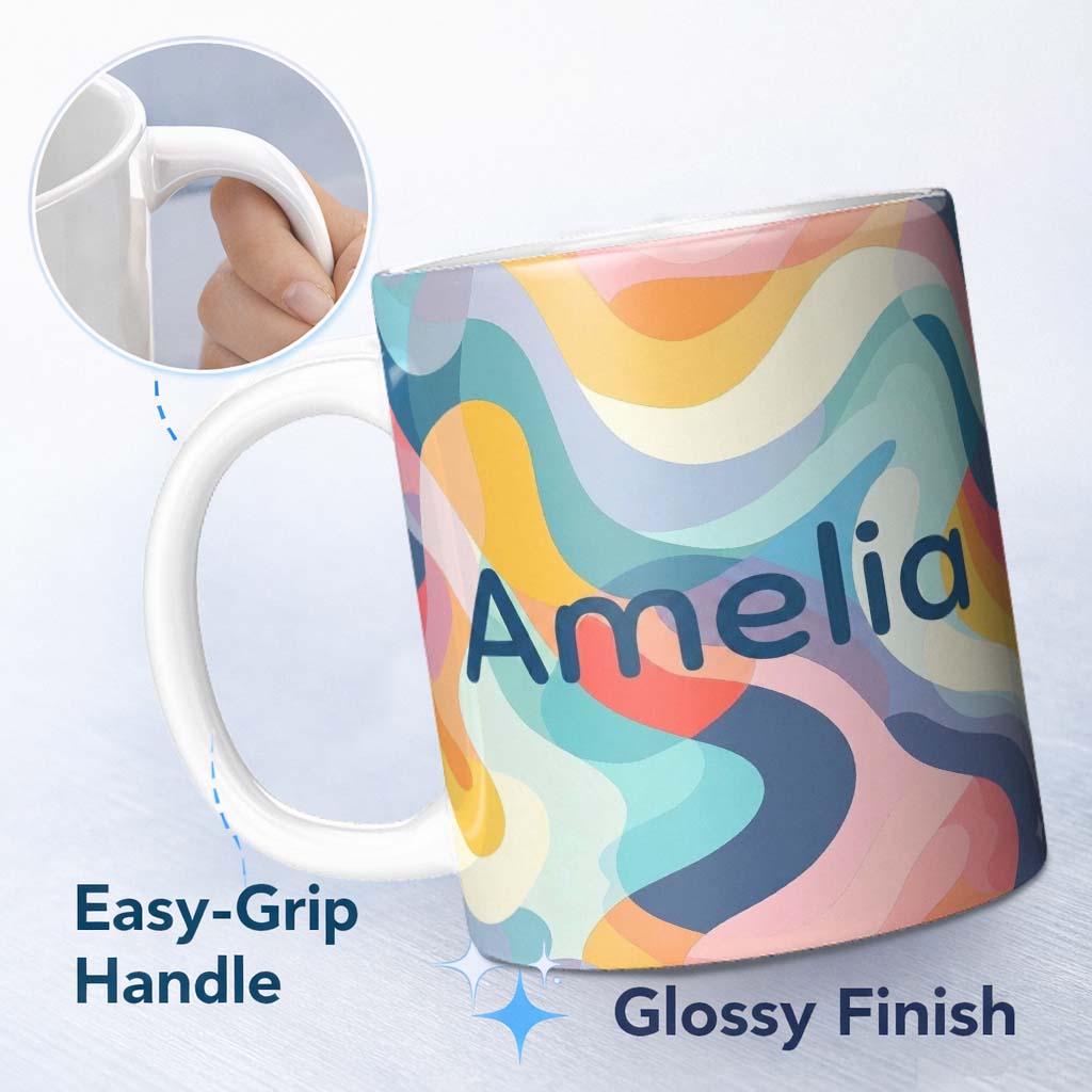 Personalized Custom Name Soft Abstract Fluid Shapes Pastel Pattern Seamless Name Cute Unique 11oz Ceramic Coffee Tea Mug White Large Handle