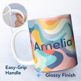 Personalized Custom Name Soft Abstract Fluid Shapes Pastel Pattern Seamless Name Cute Unique 11oz Ceramic Coffee Tea Mug White Large Handle