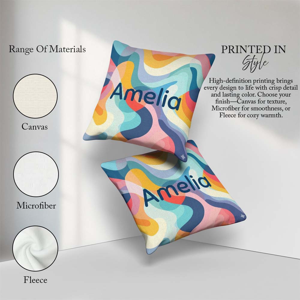 Custom Name Soft Abstract Fluid Shapes Pastel Seamless Name Cute Square Filled Cushion Throw Pillow Sofa Bed Home Decor Zip Washable UK Made