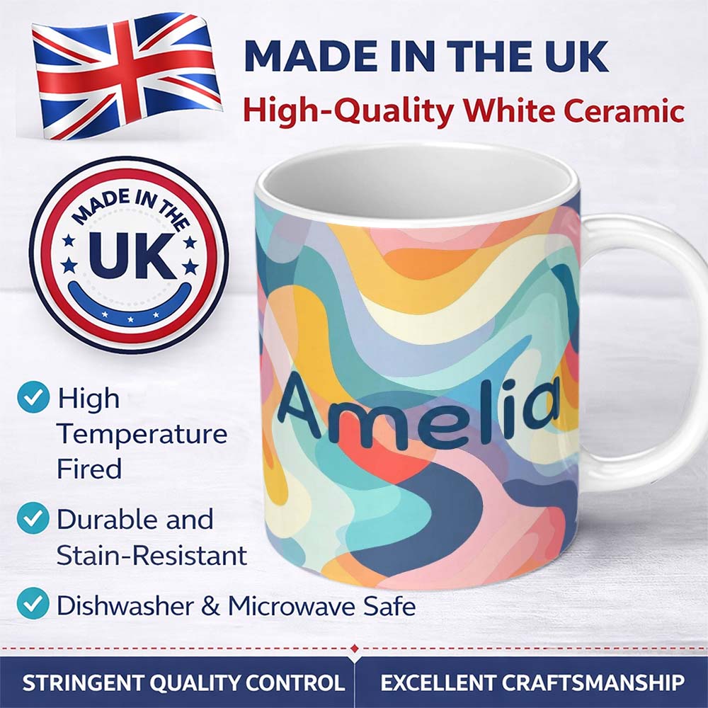 Personalized Custom Name Soft Abstract Fluid Shapes Pastel Pattern Seamless Name Cute Unique 11oz Ceramic Coffee Tea Mug White Large Handle