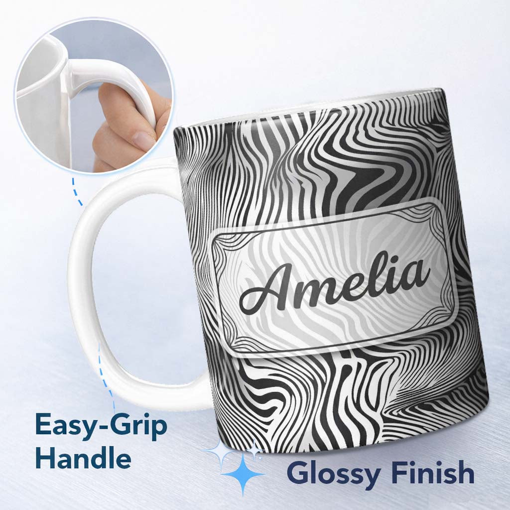 Personalized Custom Name Bold Black White Zebra Wave Pattern Seamless Name Cute Unique Gift 11oz Ceramic Coffee Tea Mug White Large Handle