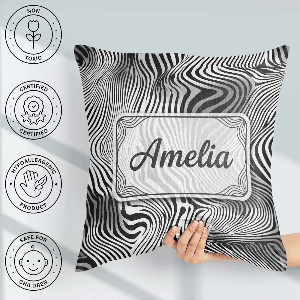 Custom Name Bold Black White Zebra Wave Pattern Seamless Name Square Filled Cushion Throw Pillow Sofa Bed Home Decor Zip Washable UK Made