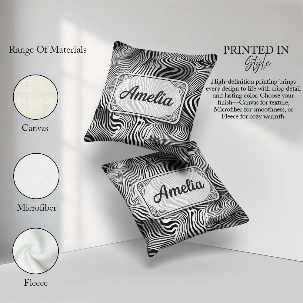 Custom Name Bold Black White Zebra Wave Pattern Seamless Name Square Filled Cushion Throw Pillow Sofa Bed Home Decor Zip Washable UK Made