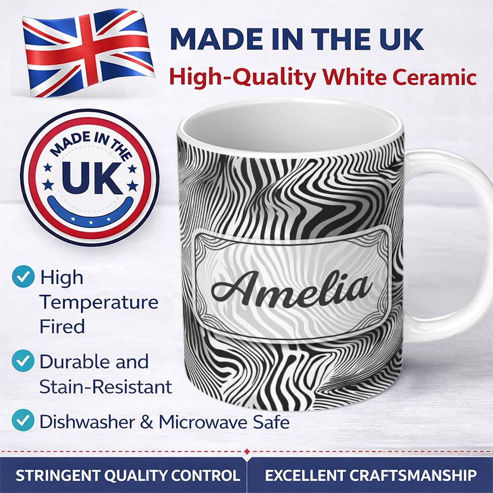 Personalized Custom Name Bold Black White Zebra Wave Pattern Seamless Name Cute Unique Gift 11oz Ceramic Coffee Tea Mug White Large Handle