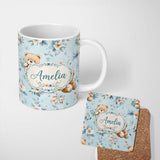 Personalized Custom Name Cute Teddy Bears with Blue Floral Background Seamless Pattern Lovely 11oz Ceramic Coffee Tea Mug White Large Handle
