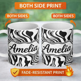 Personalized Custom Name Abstract Black White Fluid Swirl Pattern Seamless Name Cute Unique 11oz Ceramic Coffee Tea Mug White Large Handle