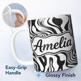 Personalized Custom Name Abstract Black White Fluid Swirl Pattern Seamless Name Cute Unique 11oz Ceramic Coffee Tea Mug White Large Handle