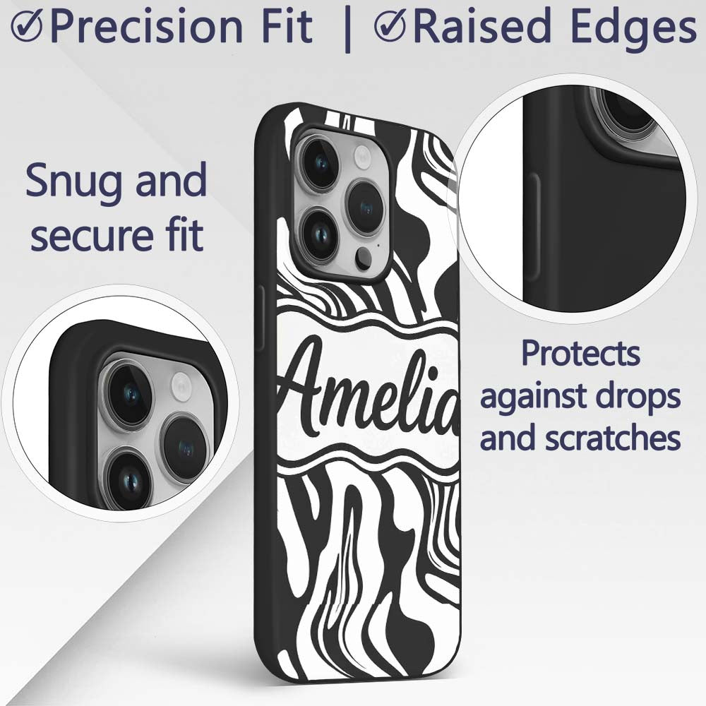 Abstract Black White Fluid Swirl Pattern Seamless Custom Name Protective Phone Case Mobile Cover Durable Everyday Smartphone Shock Resistant