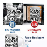 Personalized Custom Name Abstract Black White Fluid Swirl Pattern Seamless Name Cute Unique 11oz Ceramic Coffee Tea Mug White Large Handle
