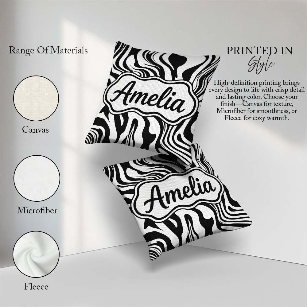 Custom Name Abstract Black White Fluid Swirl Seamless Name Cute Square Filled Cushion Throw Pillow Sofa Bed Home Decor Zip Washable UK Made