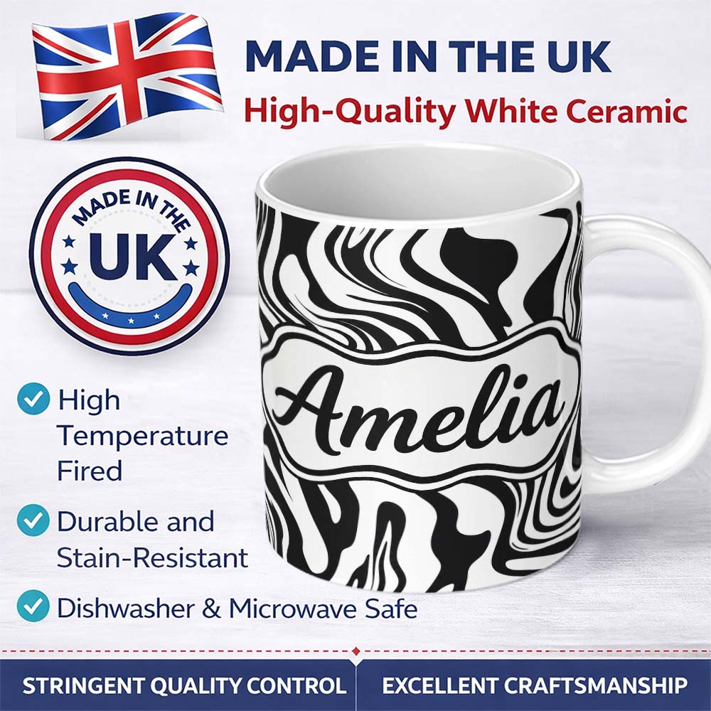 Personalized Custom Name Abstract Black White Fluid Swirl Pattern Seamless Name Cute Unique 11oz Ceramic Coffee Tea Mug White Large Handle