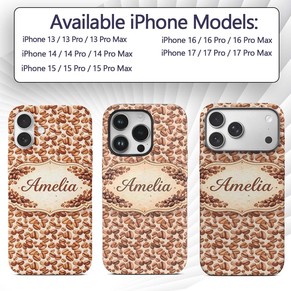 Vintage Coffee Beans and Leaves Beige Seamless Custom Name Protective Phone Case Mobile Cover Durable Everyday Smartphone Shock Resistant