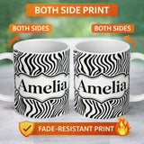 Personalized Custom Name Minimal Black White Wavy Line Pattern Seamless Name Cute Unique Gift 11oz Ceramic Coffee Tea Mug White Large Handle