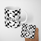 Personalized Custom Name Modern Black White Distorted Check Pattern Seamless Name Cute 11oz Ceramic Coffee Tea Mug White Large Handle