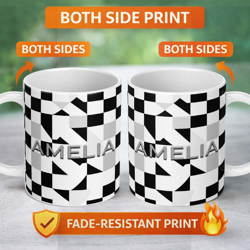 Personalized Custom Name Modern Black White Distorted Check Pattern Seamless Name Cute 11oz Ceramic Coffee Tea Mug White Large Handle
