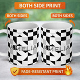 Personalized Custom Name Modern Black White Distorted Check Pattern Seamless Name Cute 11oz Ceramic Coffee Tea Mug White Large Handle