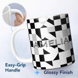 Personalized Custom Name Modern Black White Distorted Check Pattern Seamless Name Cute 11oz Ceramic Coffee Tea Mug White Large Handle