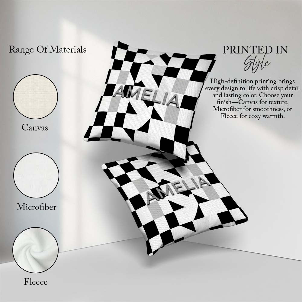 Custom Name Modern Black White Distorted Check Pattern Name Cute Square Filled Cushion Throw Pillow Sofa Bed Home Decor Zip Washable UK Made