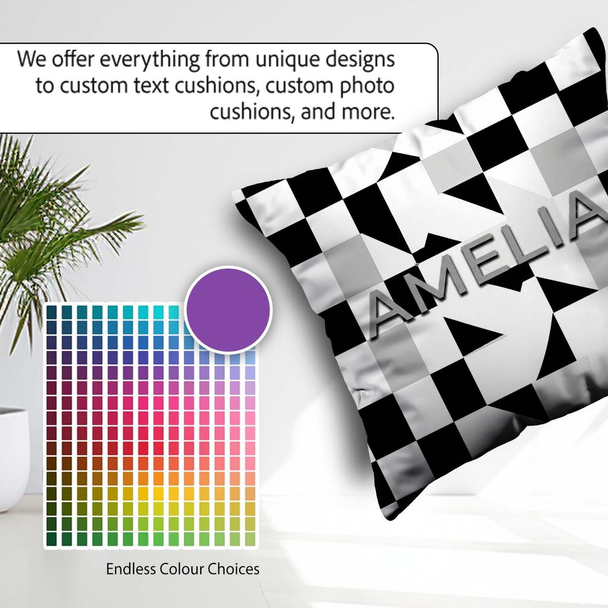 Custom Name Modern Black White Distorted Check Pattern Name Cute Square Filled Cushion Throw Pillow Sofa Bed Home Decor Zip Washable UK Made