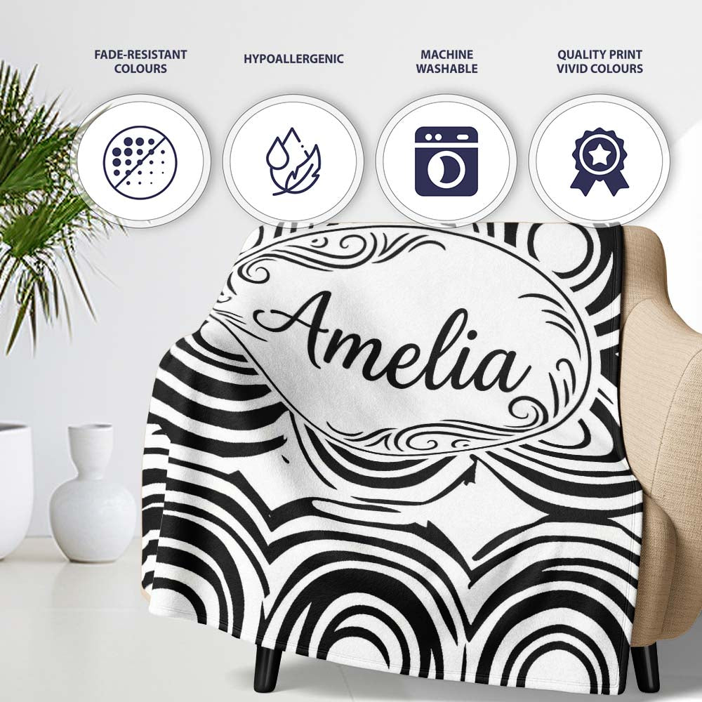Geometric Black White Circle Motif Pattern Seamless Name Cute  Personalised Custom Name Super Soft Fleece Blanket Bed Sofa Throw