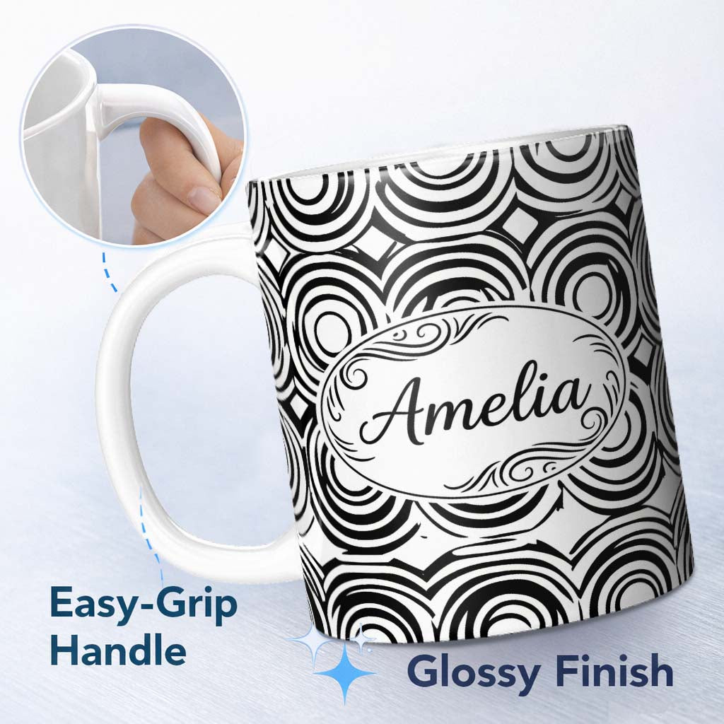 Personalized Custom Name Geometric Black White Circle Motif Pattern Seamless Name Cute 11oz Ceramic Coffee Tea Mug White Large Handle