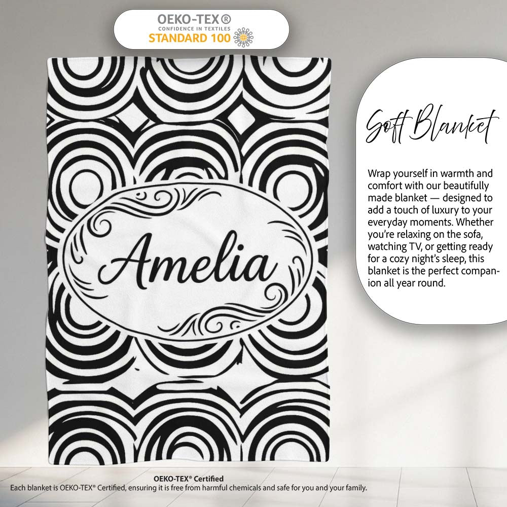 Geometric Black White Circle Motif Pattern Seamless Name Cute  Personalised Custom Name Super Soft Fleece Blanket Bed Sofa Throw