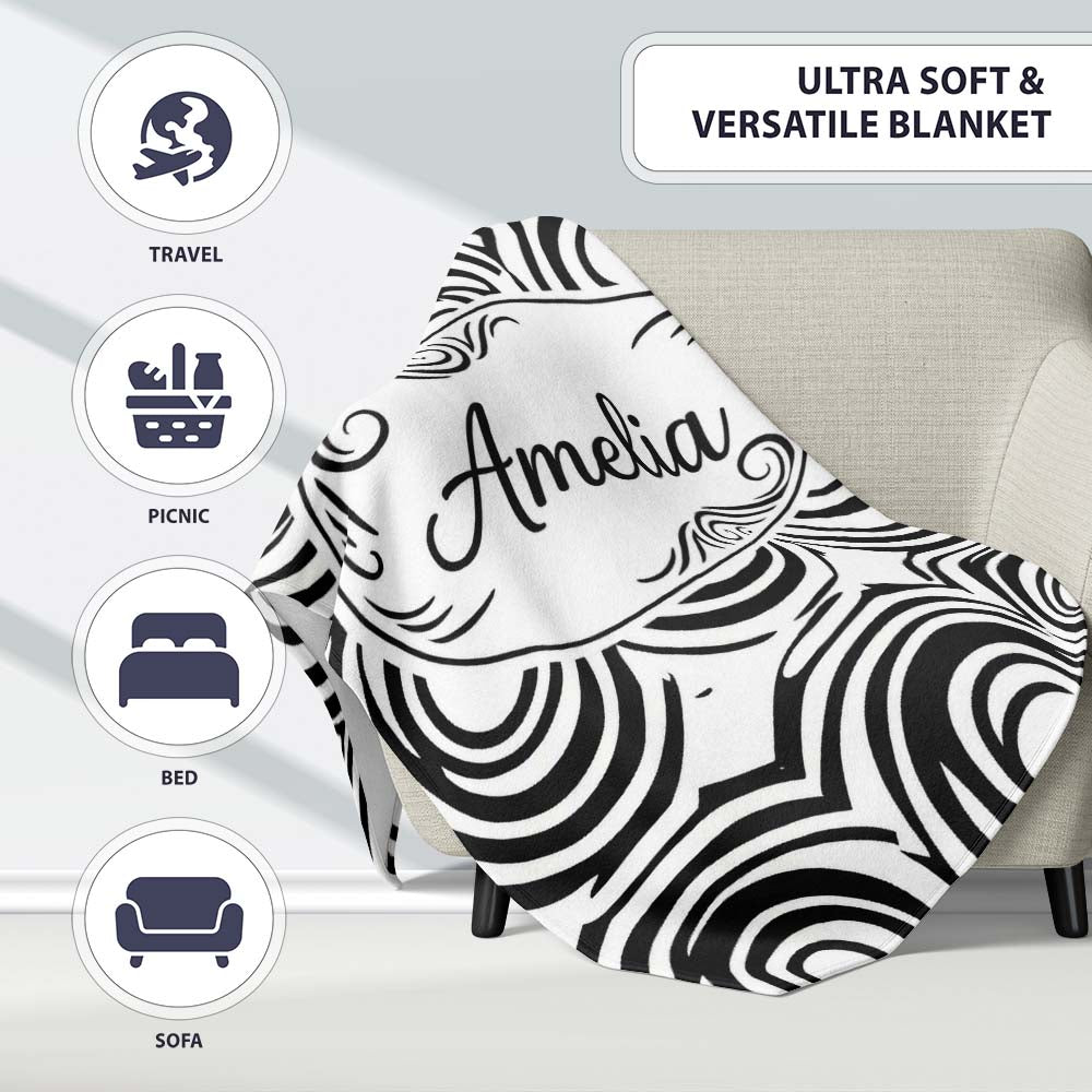 Geometric Black White Circle Motif Pattern Seamless Name Cute  Personalised Custom Name Super Soft Fleece Blanket Bed Sofa Throw