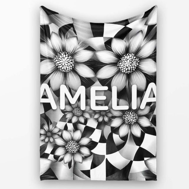 Black White Floral Abstract Checkered Background Seamless Pattern  Personalised Custom Name Super Soft Fleece Blanket Bed Sofa Throw