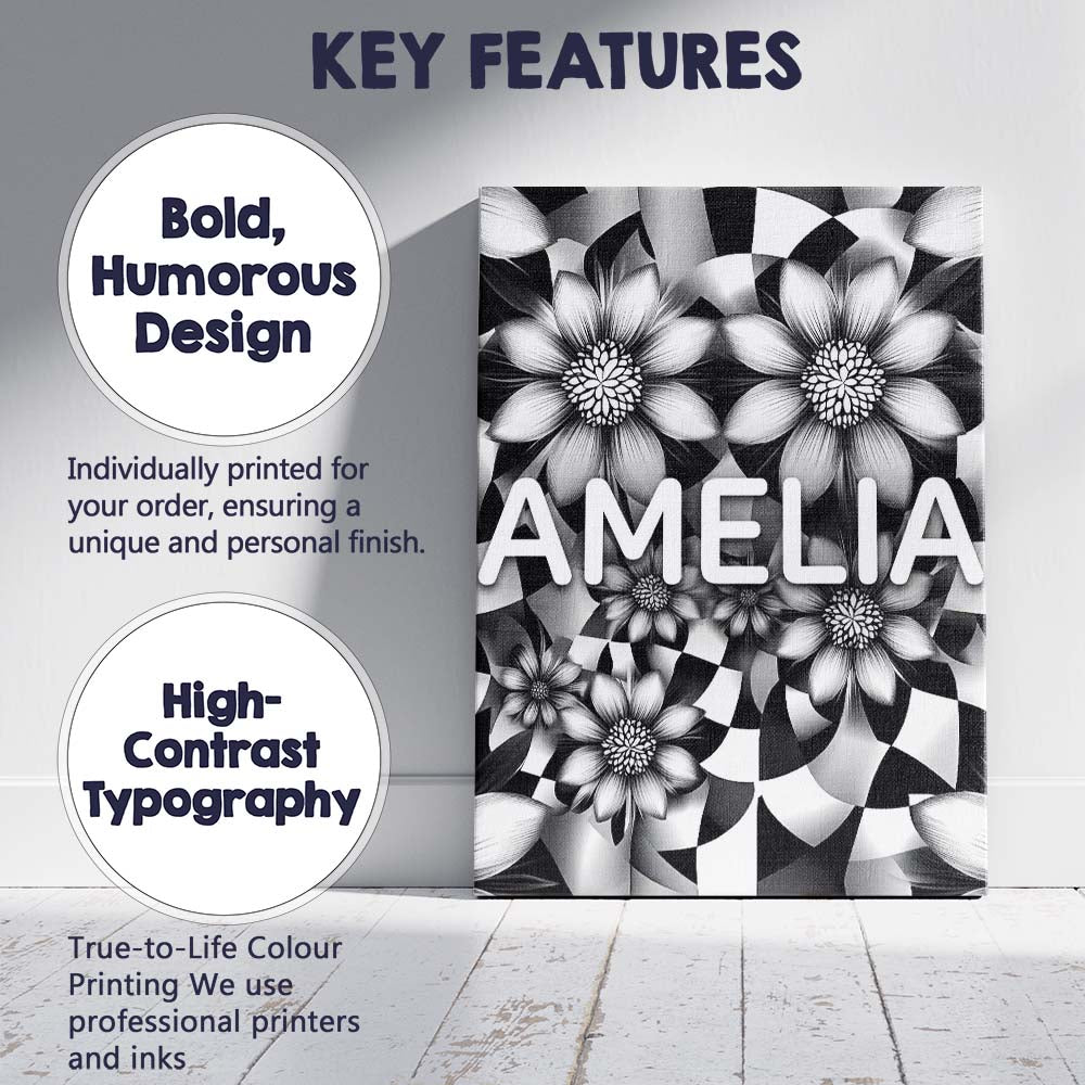 Personalised Name Black White Floral Custom Premium Decorative Design Modern Room Accent Canvas Wall Art Print Decor Picture Ready to Hang