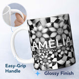 Personalized Custom Name Black White Floral Abstract Checkered Background Seamless Pattern 11oz Ceramic Coffee Tea Mug White Large Handle