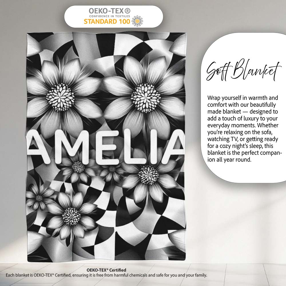 Black White Floral Abstract Checkered Background Seamless Pattern  Personalised Custom Name Super Soft Fleece Blanket Bed Sofa Throw