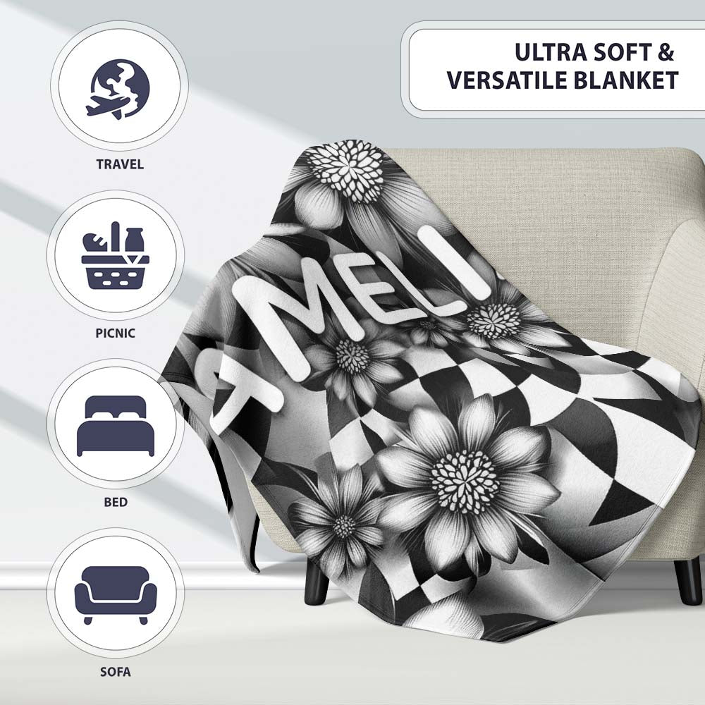 Black White Floral Abstract Checkered Background Seamless Pattern  Personalised Custom Name Super Soft Fleece Blanket Bed Sofa Throw