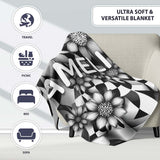 Black White Floral Abstract Checkered Background Seamless Pattern  Personalised Custom Name Super Soft Fleece Blanket Bed Sofa Throw