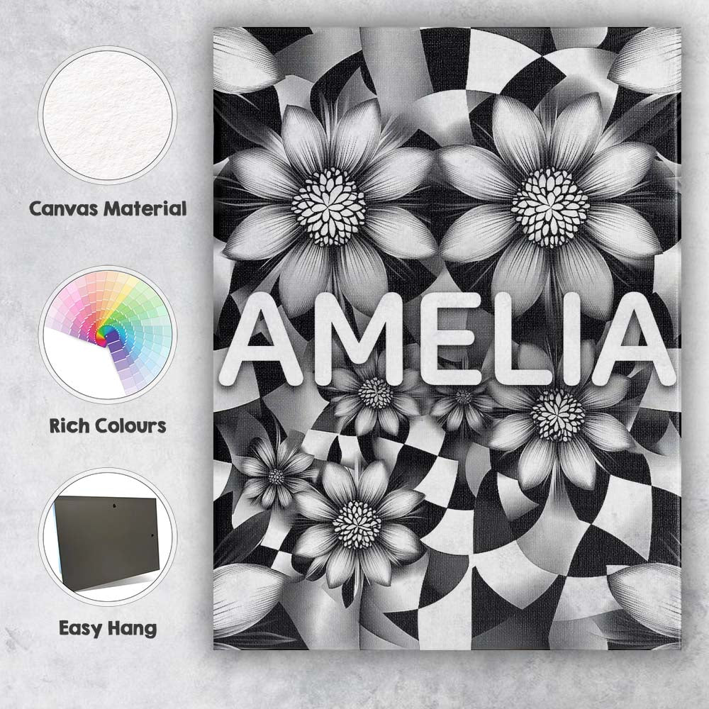 Personalised Name Black White Floral Custom Premium Decorative Design Modern Room Accent Canvas Wall Art Print Decor Picture Ready to Hang