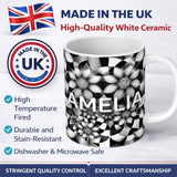 Personalized Custom Name Black White Floral Abstract Checkered Background Seamless Pattern 11oz Ceramic Coffee Tea Mug White Large Handle