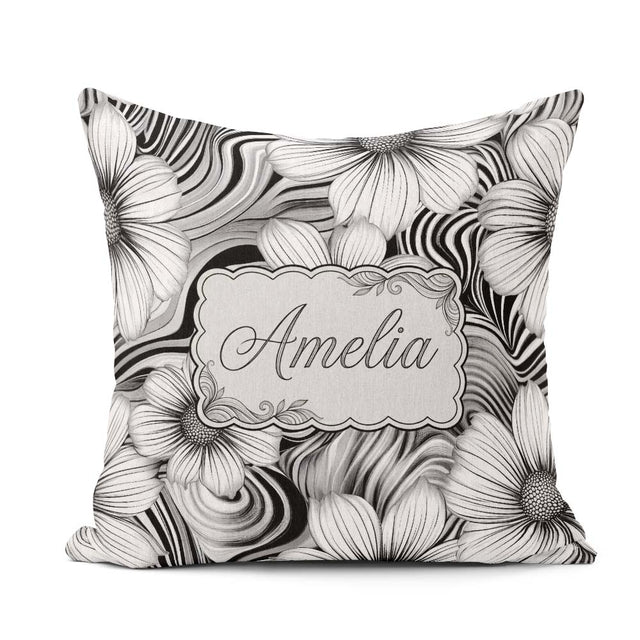 Custom Name Black White Floral Swirl Line Art Seamless Name Cute Square Filled Cushion Throw Pillow Sofa Bed Home Decor Zip Washable UK Made