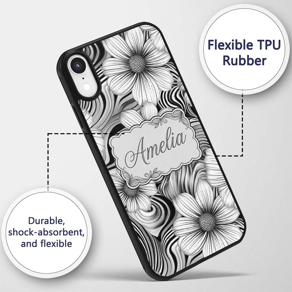Black White Floral Swirl Line Art Printed Design Custom Name Protective Phone Case Mobile Cover Durable Everyday Smartphone Shock Resistant