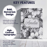 Personalised Name Black White Floral Swirl Custom  Unique Gift Idea Elegant Feature Canvas Wall Art Print Decor Picture Ready to Hang