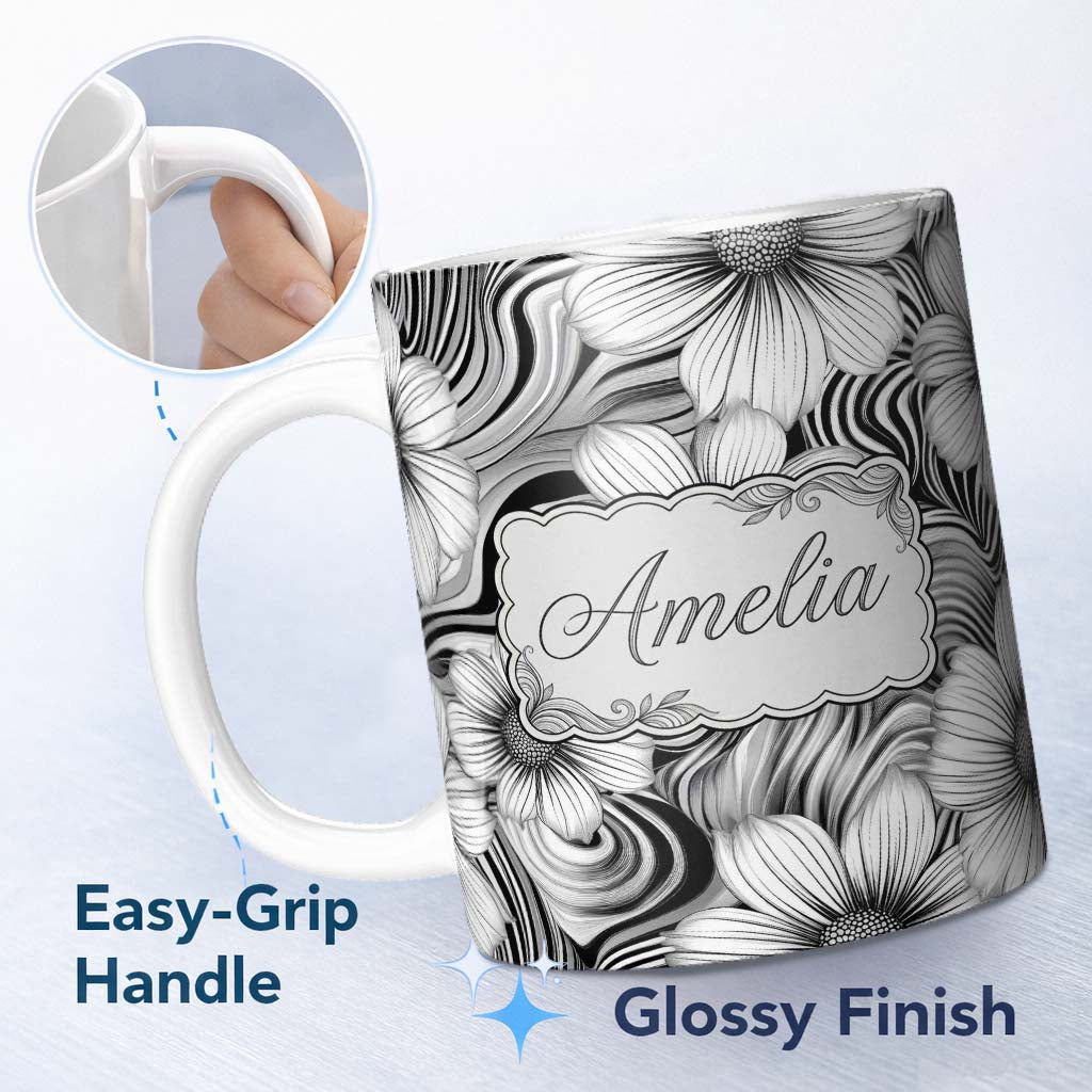 Personalized Custom Name Black White Floral Swirl Line Art Seamless Pattern Name Cute Unique 11oz Ceramic Coffee Tea Mug White Large Handle