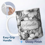 Personalized Custom Name Black White Floral Swirl Line Art Seamless Pattern Name Cute Unique 11oz Ceramic Coffee Tea Mug White Large Handle