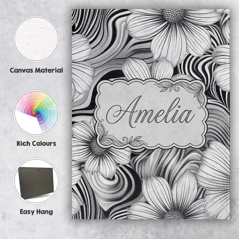 Personalised Name Black White Floral Swirl Custom  Unique Gift Idea Elegant Feature Canvas Wall Art Print Decor Picture Ready to Hang