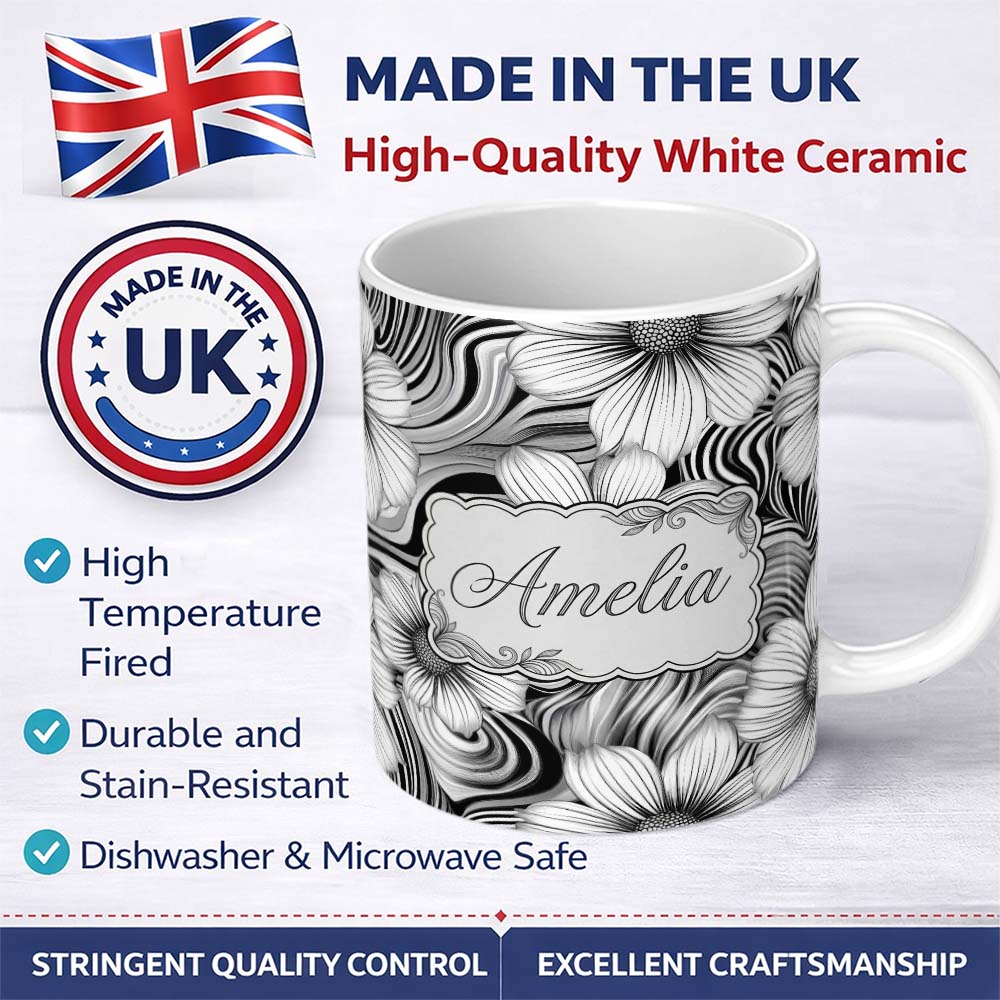 Personalized Custom Name Black White Floral Swirl Line Art Seamless Pattern Name Cute Unique 11oz Ceramic Coffee Tea Mug White Large Handle