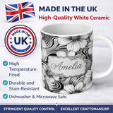 Personalized Custom Name Black White Floral Swirl Line Art Seamless Pattern Name Cute Unique 11oz Ceramic Coffee Tea Mug White Large Handle